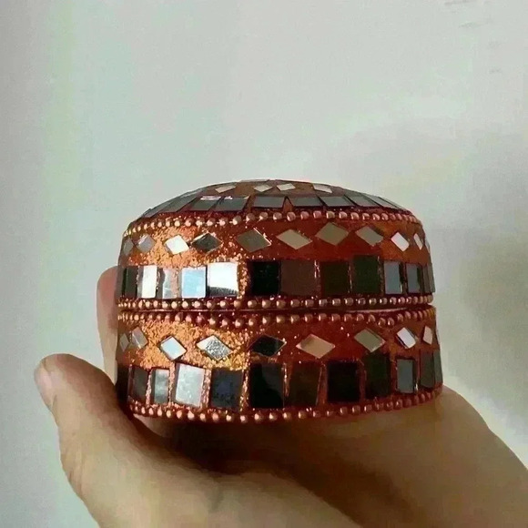 Bejeweled Orange Diamond  Jewelry Trinket Tin Bohemian Home Decor Organizer - Picture 3 of 8